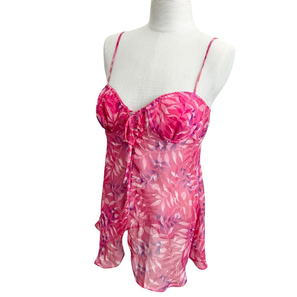 Vintage 90s pink purple leaf print chiffon lace up bustier chemise nighty M - Picture 4 of 17